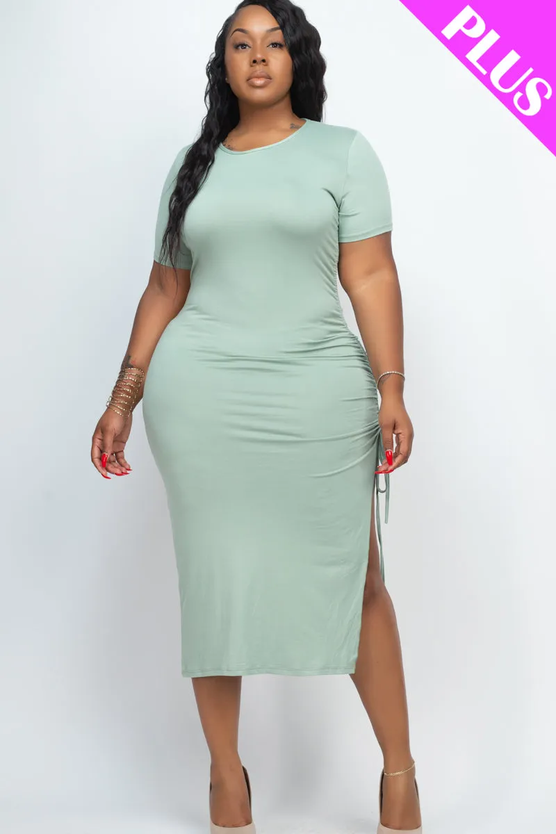 Plus Size Drawstring Ruched Side Split Hem Midi Dress (CAPELLA)