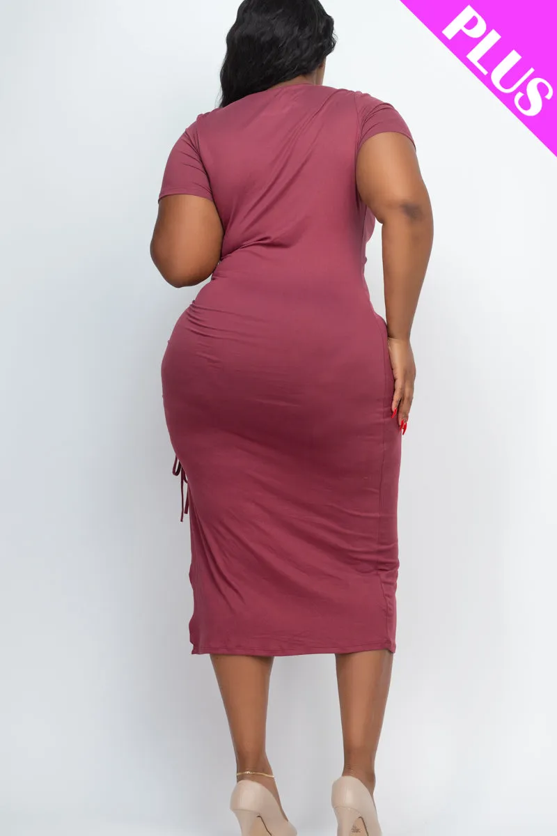 Plus Size Drawstring Ruched Side Split Hem Midi Dress (CAPELLA)