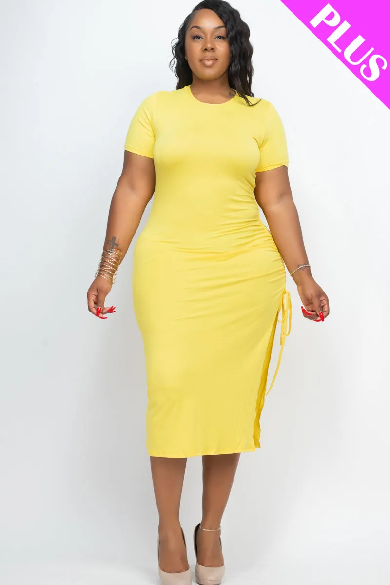 Plus Size Drawstring Ruched Side Split Hem Midi Dress (CAPELLA)