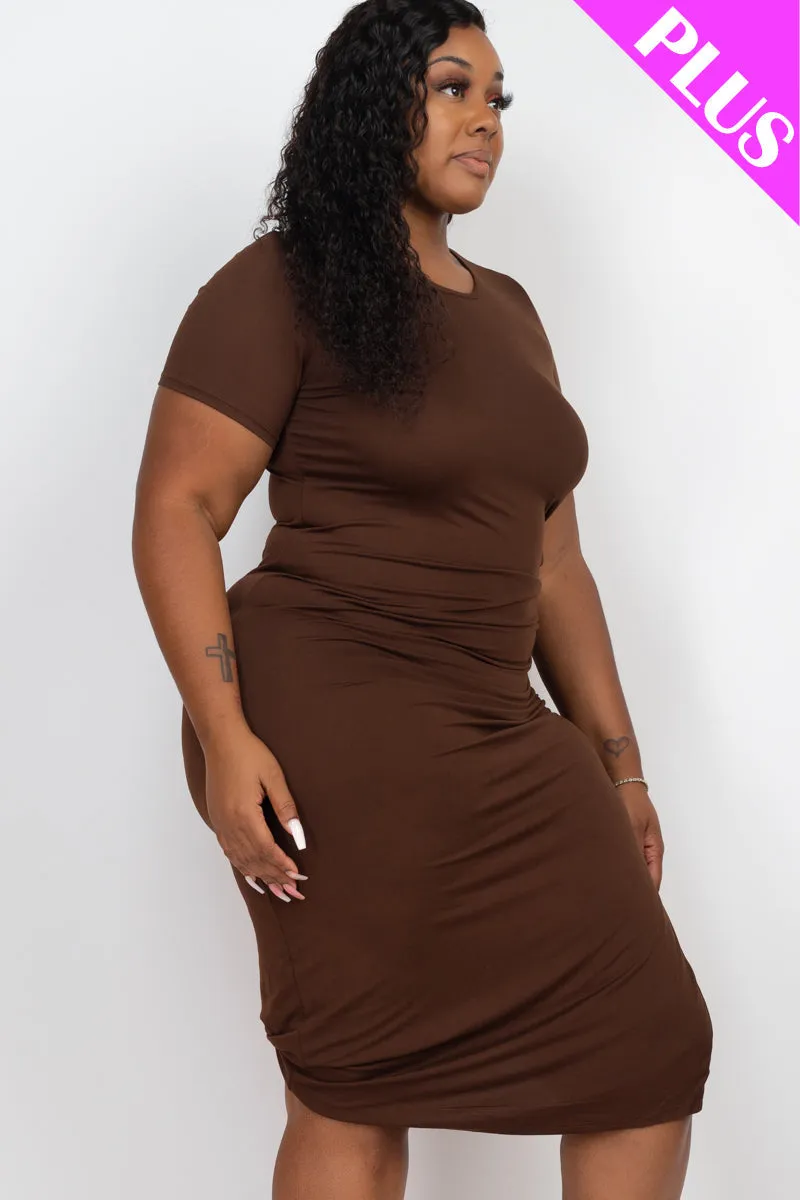 Plus Size Drawstring Ruched Side Split Hem Midi Dress (CAPELLA)