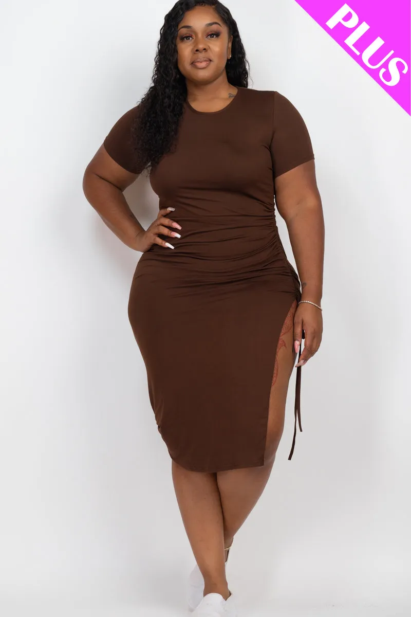 Plus Size Drawstring Ruched Side Split Hem Midi Dress (CAPELLA)