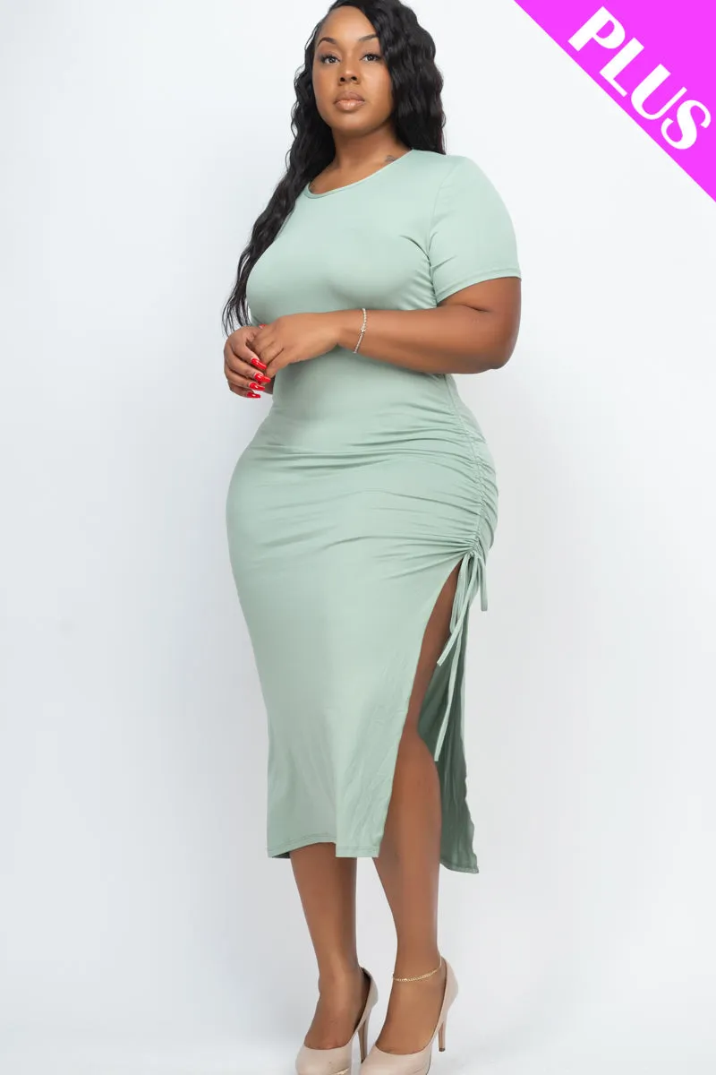 Plus Size Drawstring Ruched Side Split Hem Midi Dress (CAPELLA)