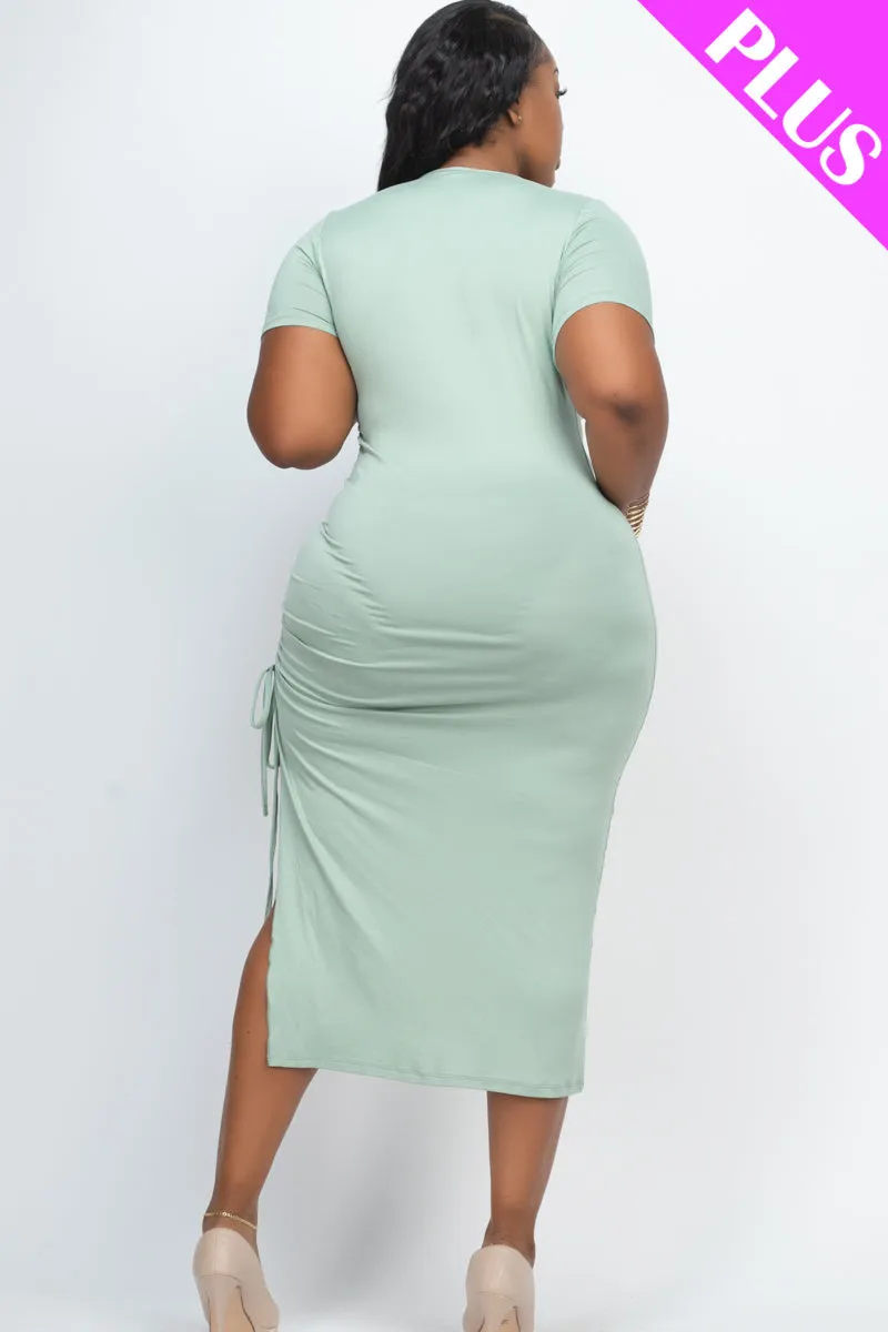 Plus Size Drawstring Ruched Side Split Hem Midi Dress (CAPELLA)
