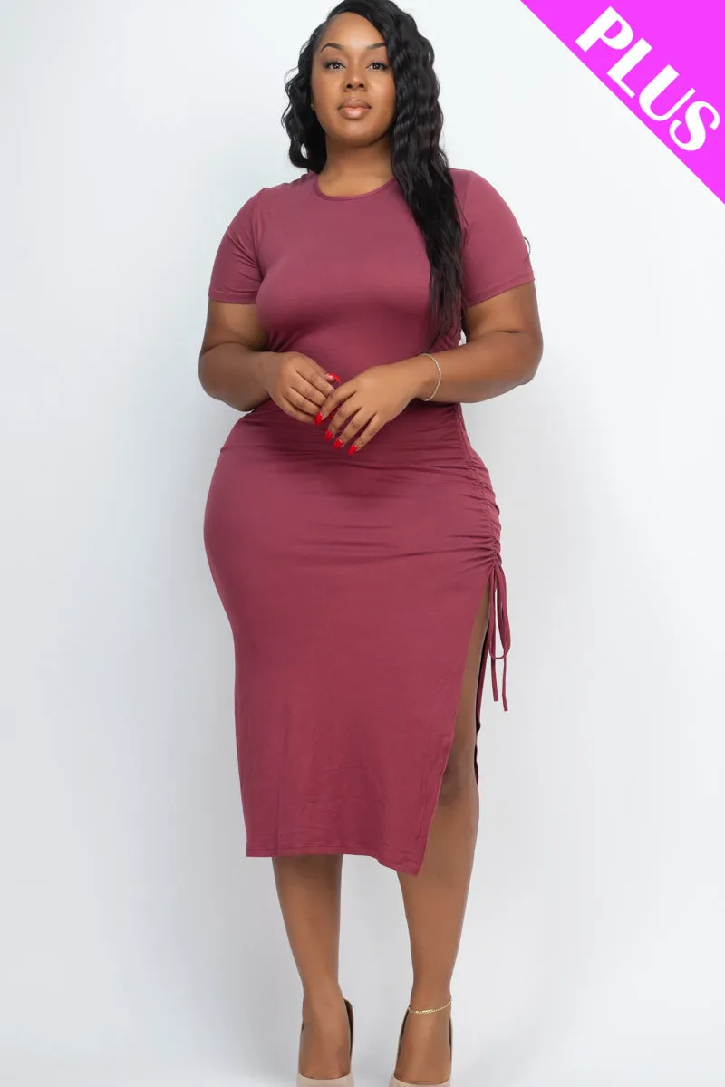 Plus Size Drawstring Ruched Side Split Hem Midi Dress (CAPELLA)