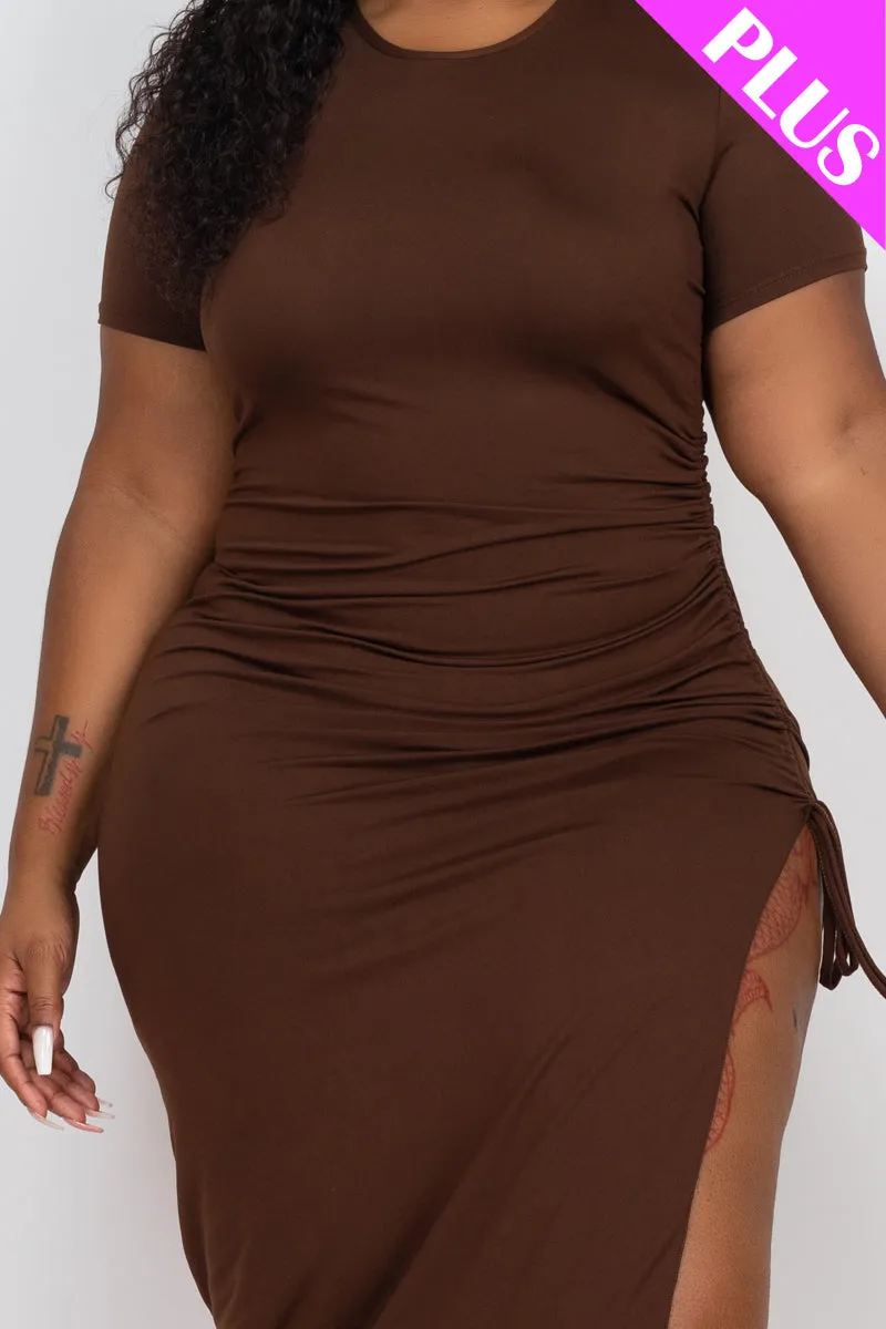 Plus Size Drawstring Ruched Side Split Hem Midi Dress (CAPELLA)