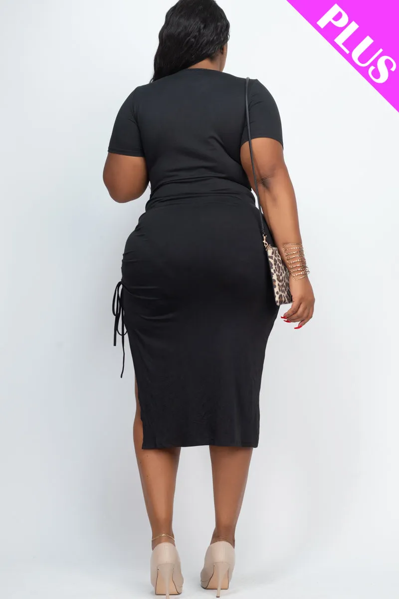Plus Size Drawstring Ruched Side Split Hem Midi Dress (CAPELLA)