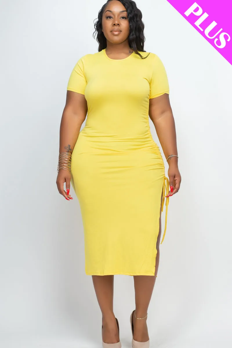 Plus Size Drawstring Ruched Side Split Hem Midi Dress (CAPELLA)