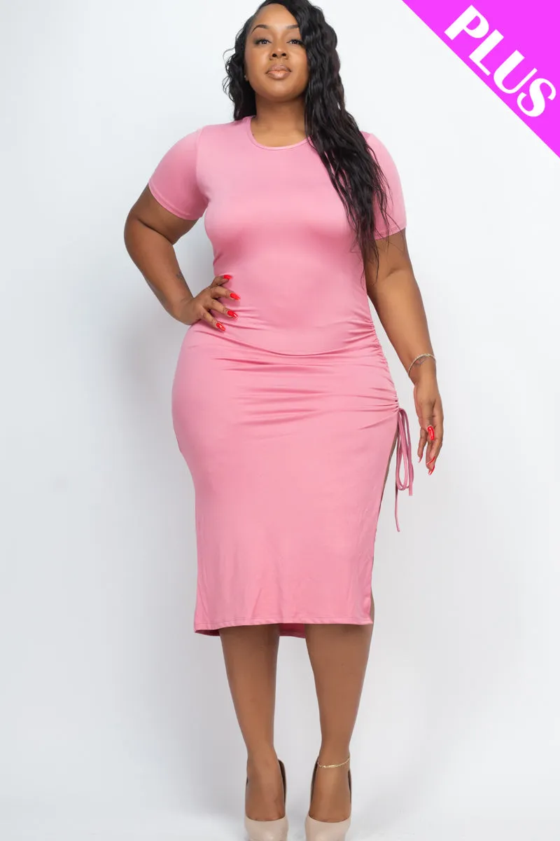 Plus Size Drawstring Ruched Side Split Hem Midi Dress (CAPELLA)