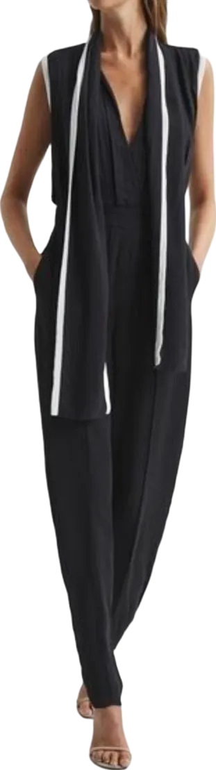 REISS Black Neck Tie Wide Leg Jumpsuit UK 6 Petite