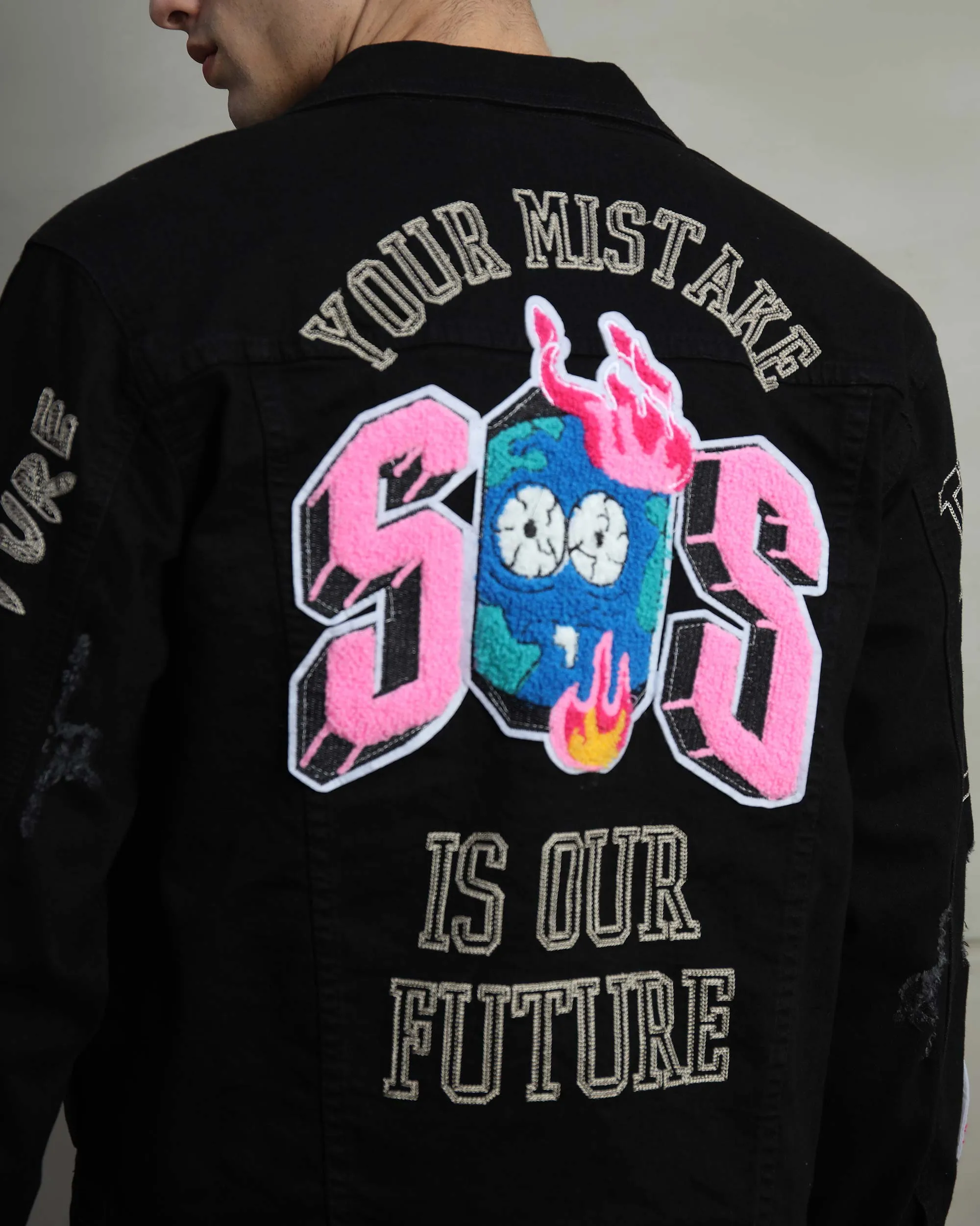 Ripped Black Denim Jacket with Embroidery and graffiti-Mexico Local Delivery