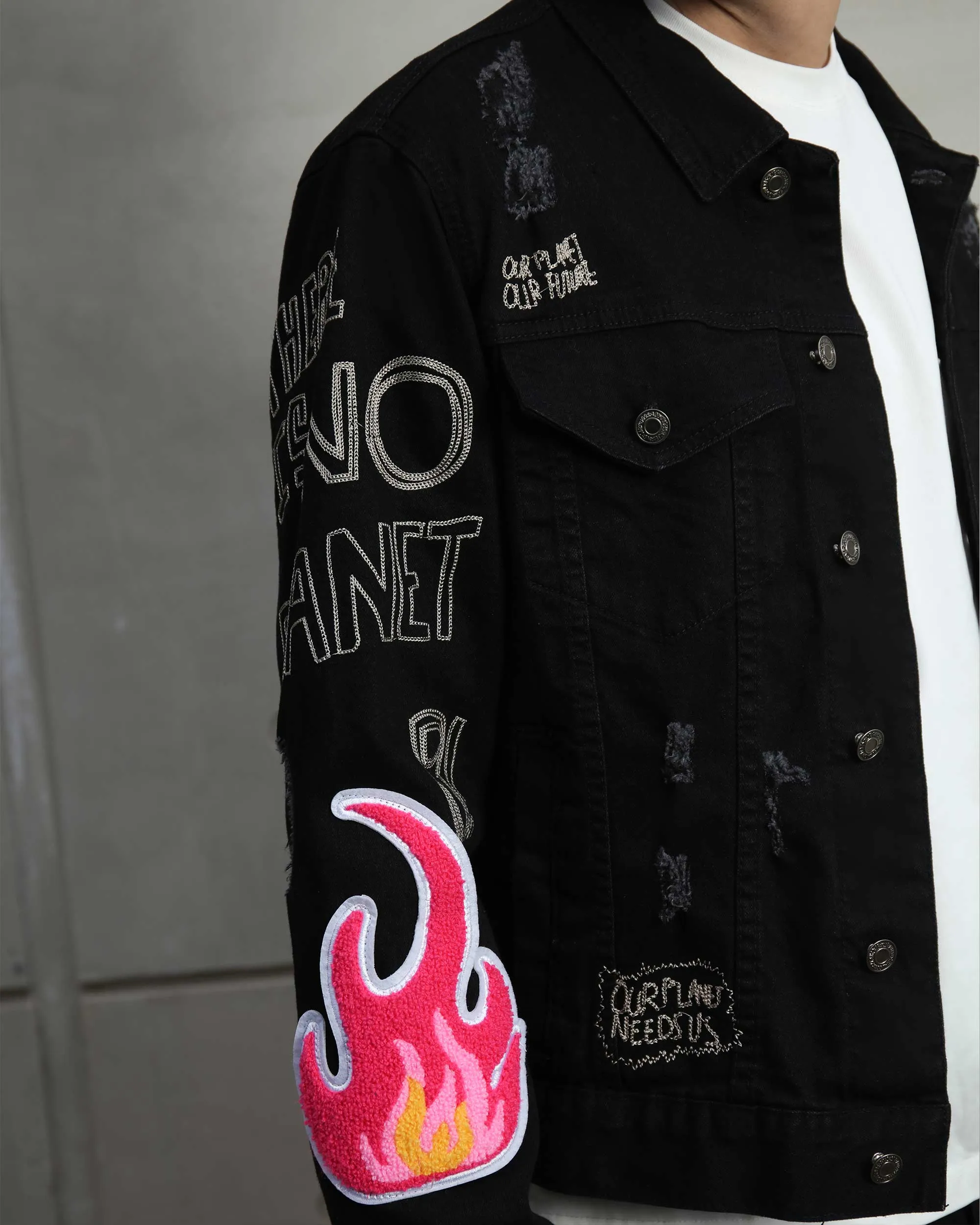 Ripped Black Denim Jacket with Embroidery and graffiti-Mexico Local Delivery