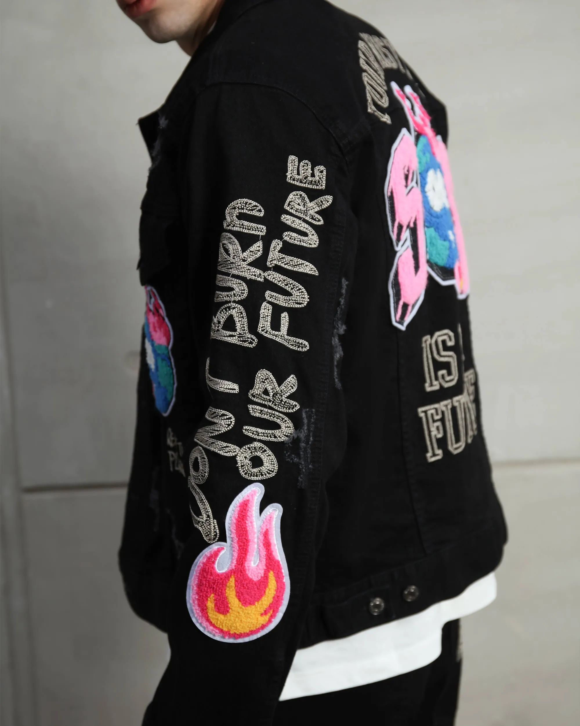 Ripped Black Denim Jacket with Embroidery and graffiti-Mexico Local Delivery