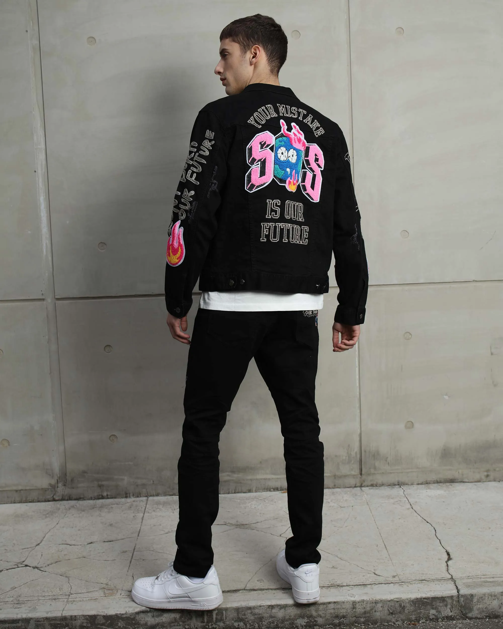 Ripped Black Denim Jacket with Embroidery and graffiti-Mexico Local Delivery