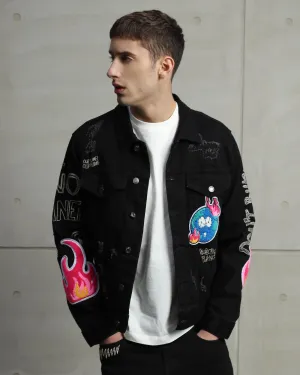 Ripped Black Denim Jacket with Embroidery and graffiti-Mexico Local Delivery