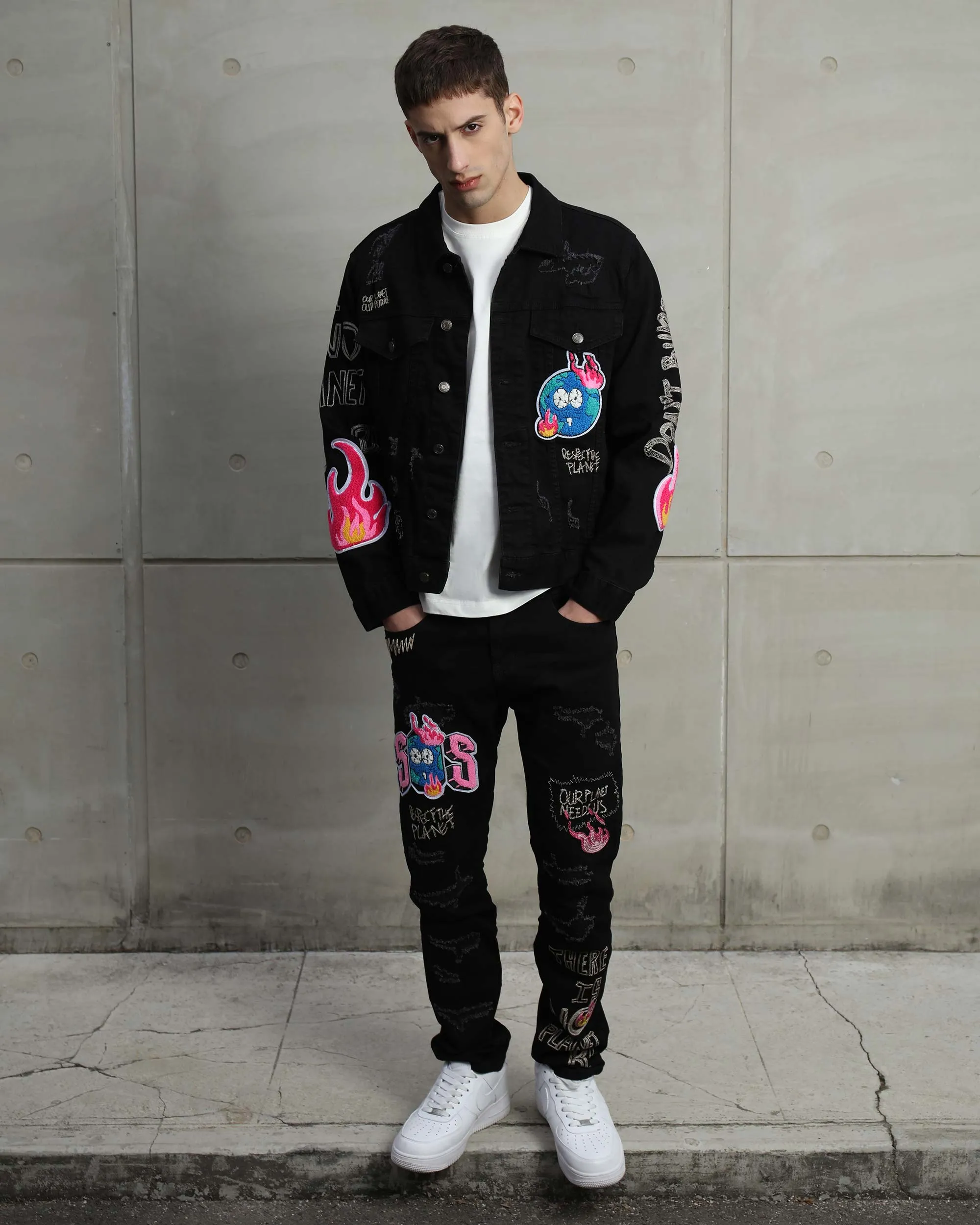 Ripped Black Denim Jacket with Embroidery and graffiti-Mexico Local Delivery