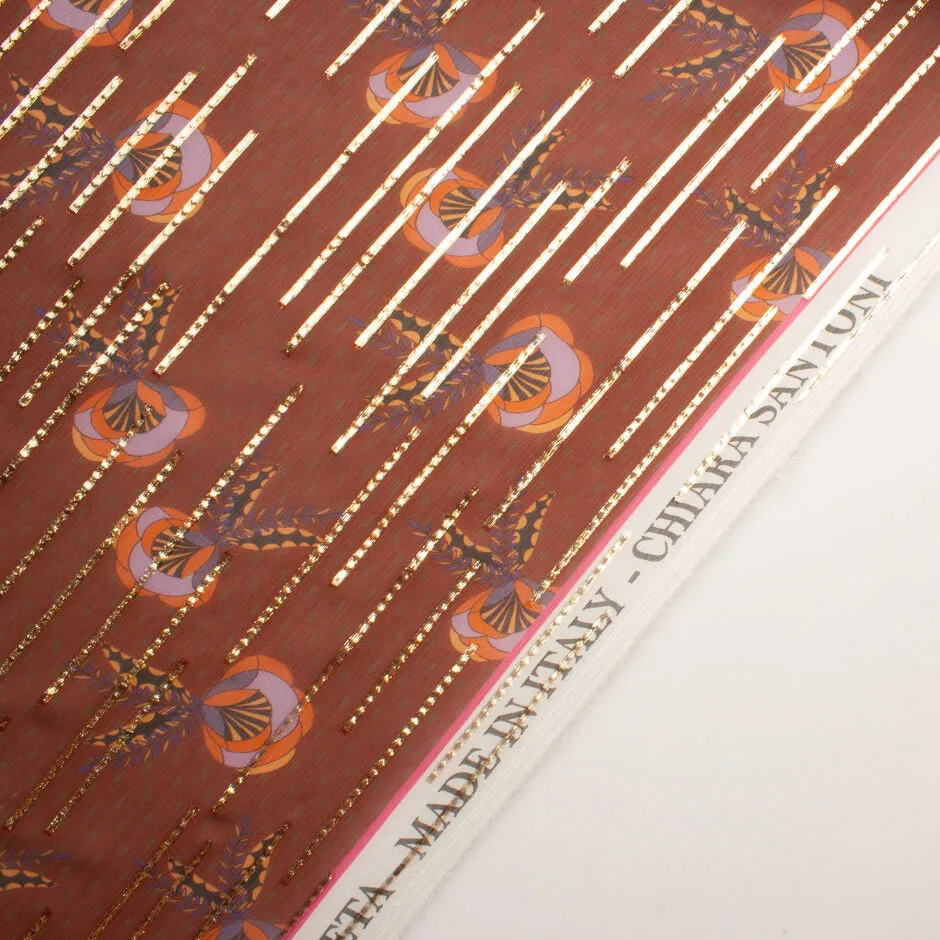 Rust Brown Floral Printed Metallic Silk Chiffon
