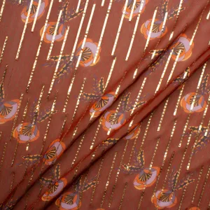 Rust Brown Floral Printed Metallic Silk Chiffon