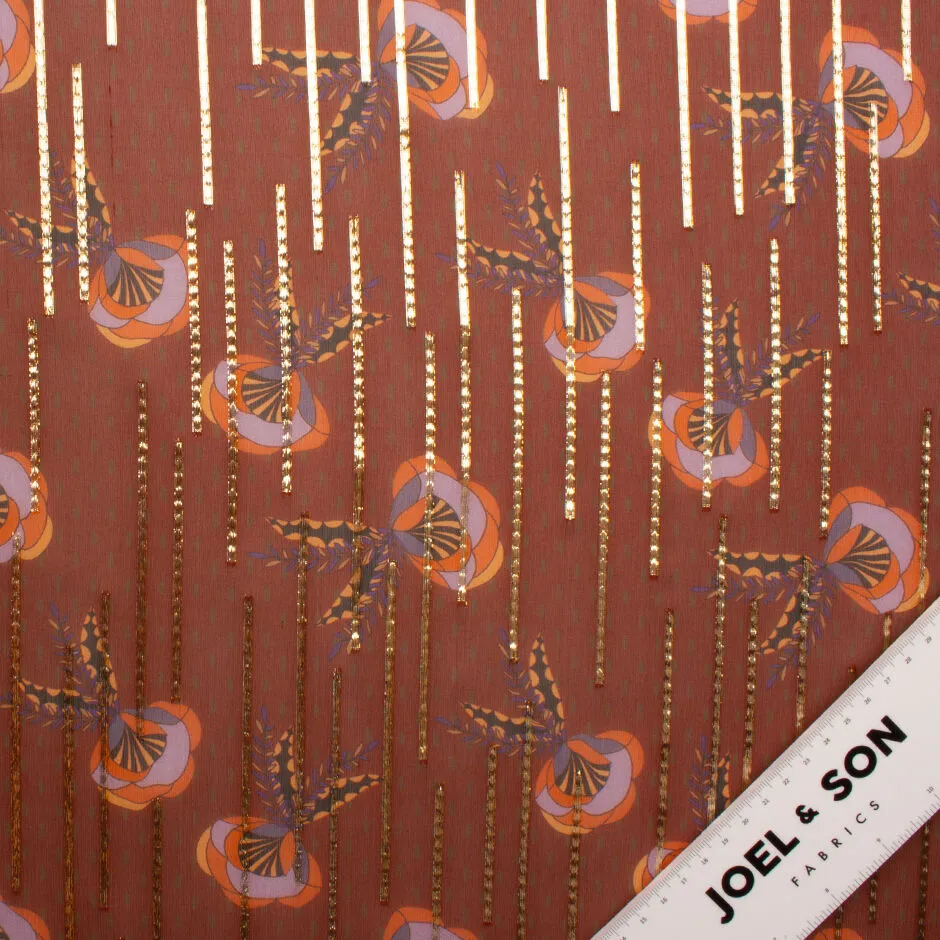 Rust Brown Floral Printed Metallic Silk Chiffon