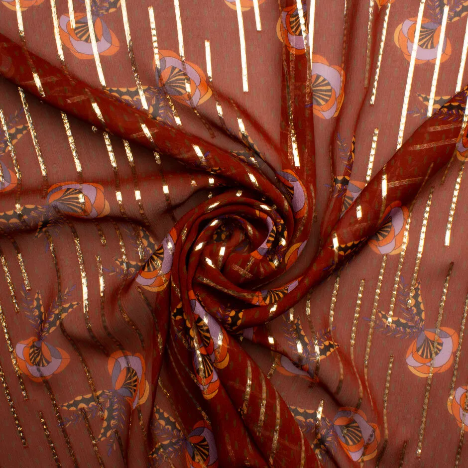 Rust Brown Floral Printed Metallic Silk Chiffon