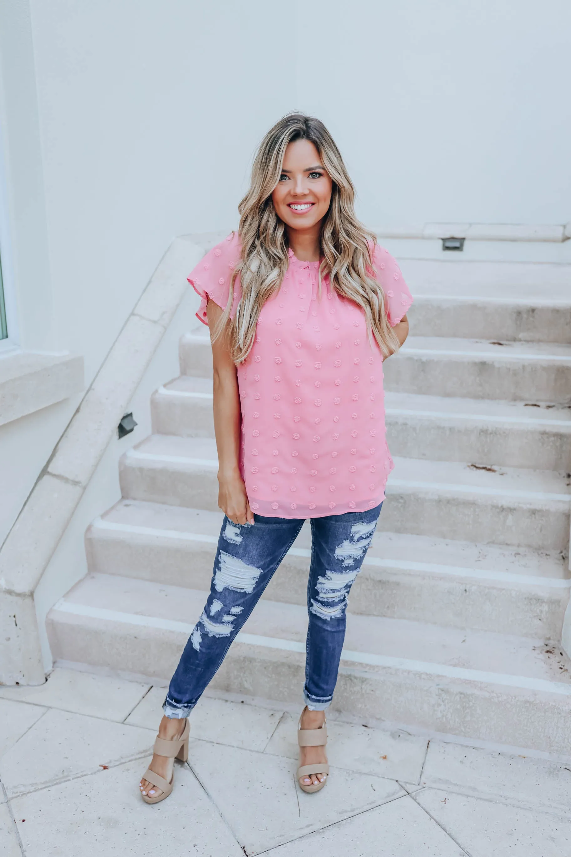 Shaylynn Swiss Dot Chiffon Blouse - Pink