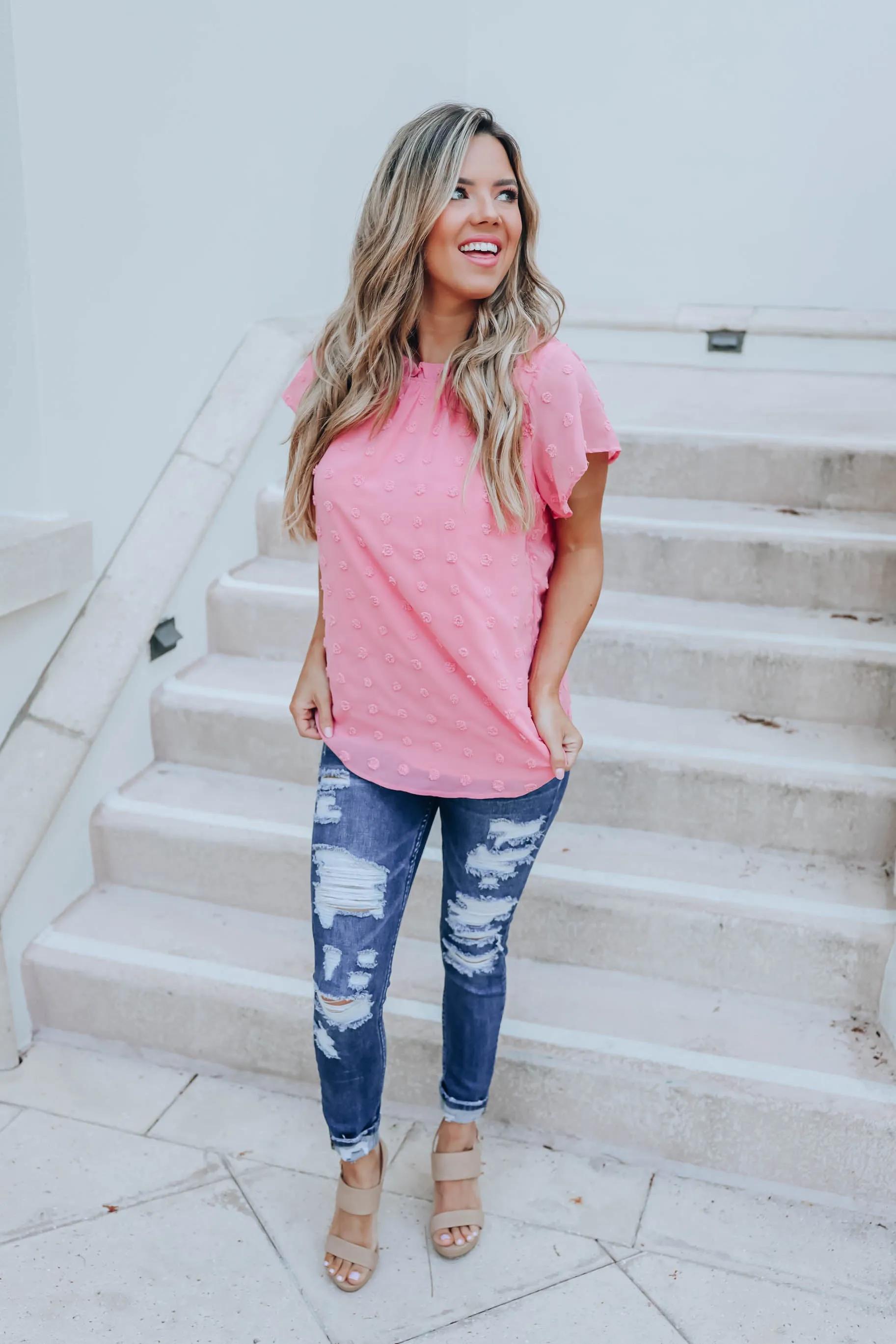 Shaylynn Swiss Dot Chiffon Blouse - Pink