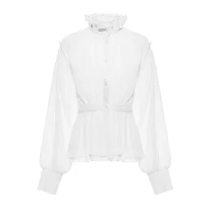 Sheer Ruffled High Neck Puff Sleeve Button Down Pleated Peplum Blouse
