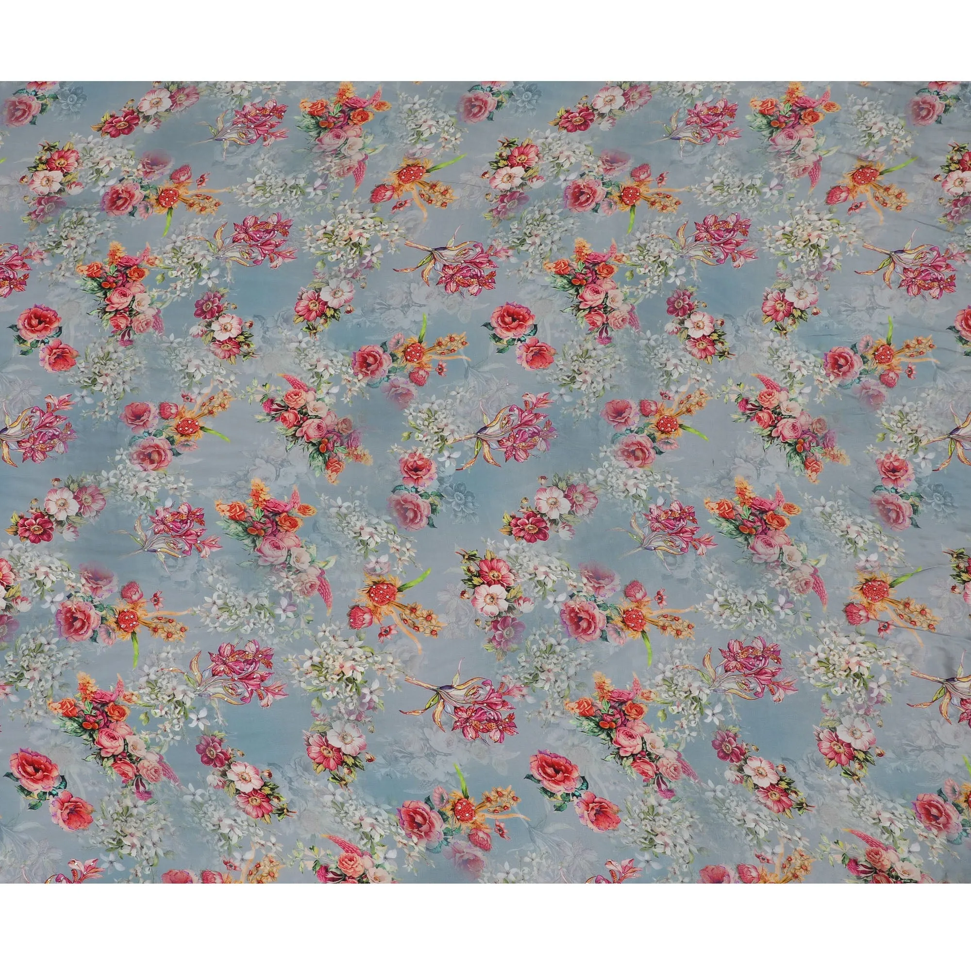 Soft Sky Grey Crepe Fabric with Multicolored Floral Embroidery and Stone Work, 110 cm Width - Imported from India-D20253