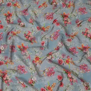 Soft Sky Grey Crepe Fabric with Multicolored Floral Embroidery and Stone Work, 110 cm Width - Imported from India-D20253