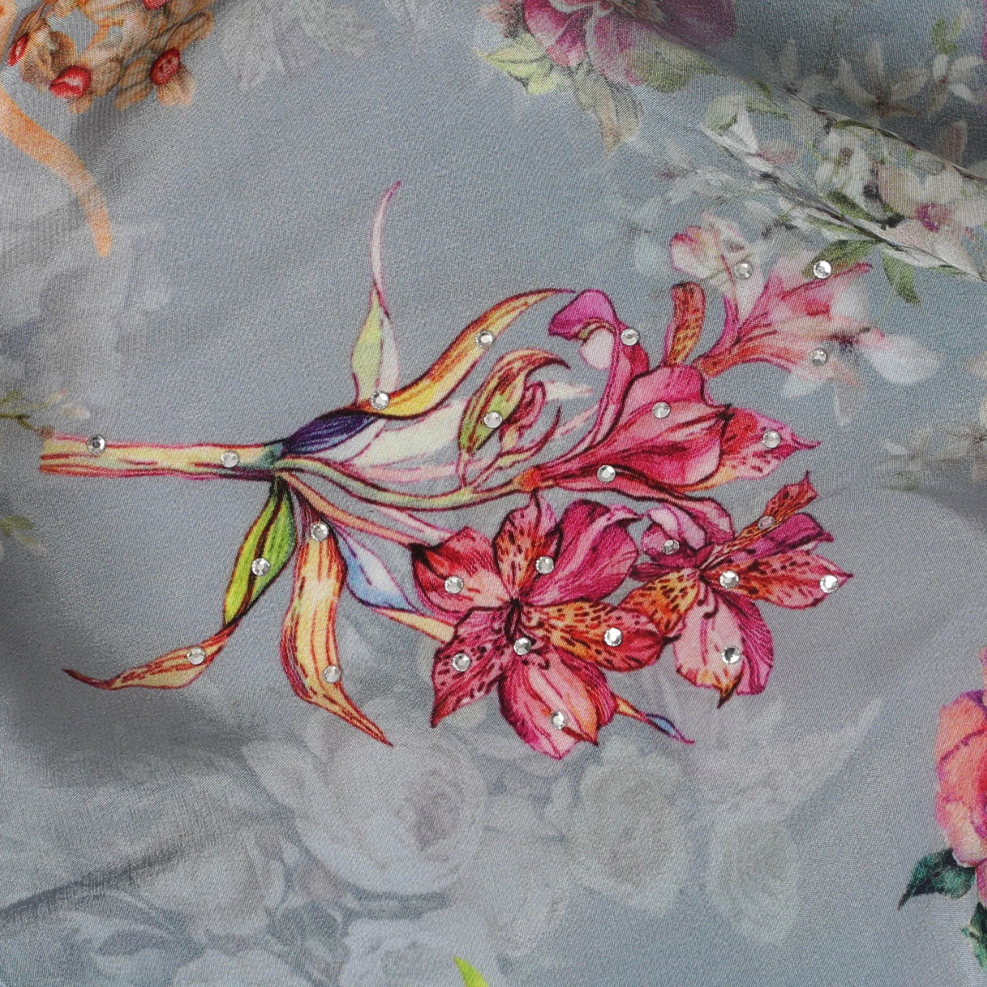 Soft Sky Grey Crepe Fabric with Multicolored Floral Embroidery and Stone Work, 110 cm Width - Imported from India-D20253