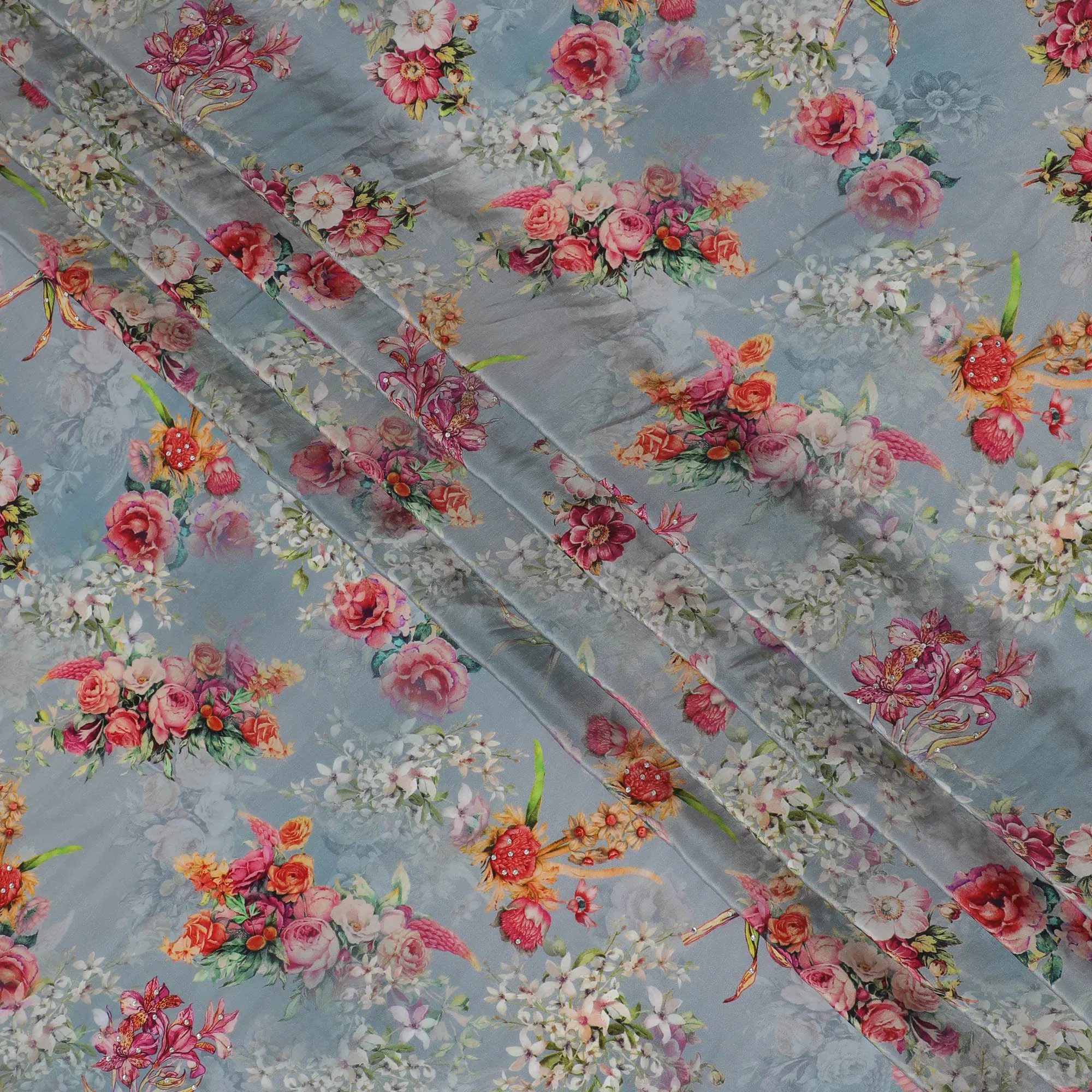 Soft Sky Grey Crepe Fabric with Multicolored Floral Embroidery and Stone Work, 110 cm Width - Imported from India-D20253