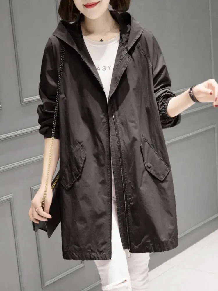 Spring Autumn New Thin Windbreaker Fashion Oversized Hooded Jacket Coat Temperament Casual Top Women Coat Trench Coat Clothes