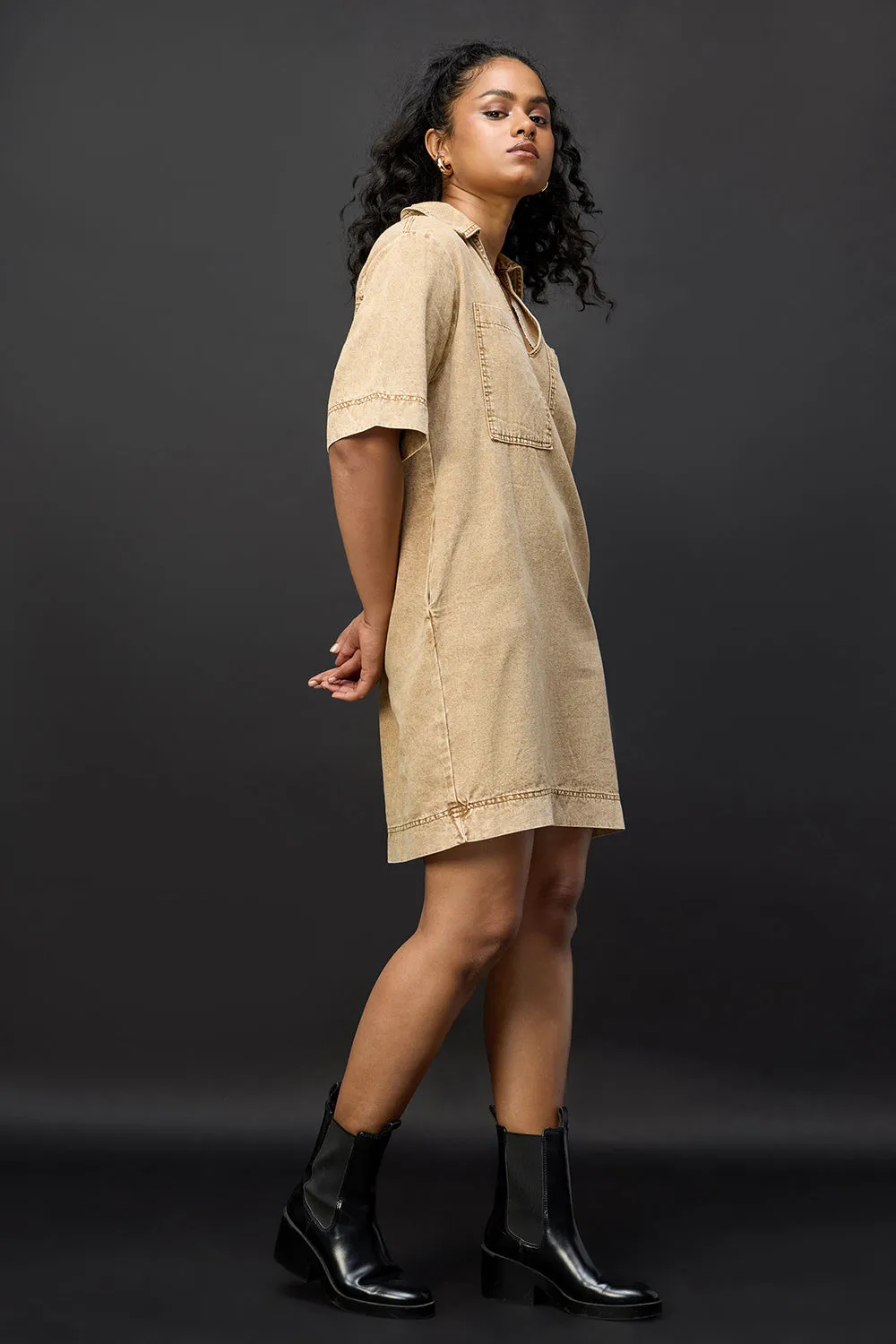 Tan Beige Denim Boxy Shirt Dress