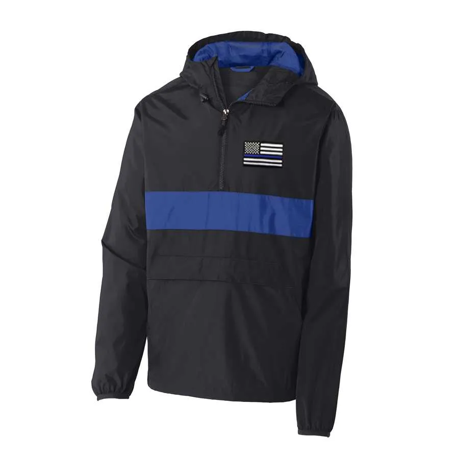 Thin Blue Line 1/2 Zip Hooded Windbreaker, Unisex, Embroidered