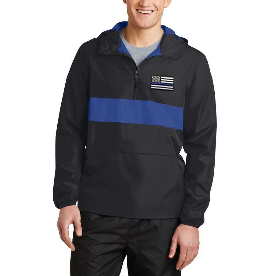 Thin Blue Line 1/2 Zip Hooded Windbreaker, Unisex, Embroidered