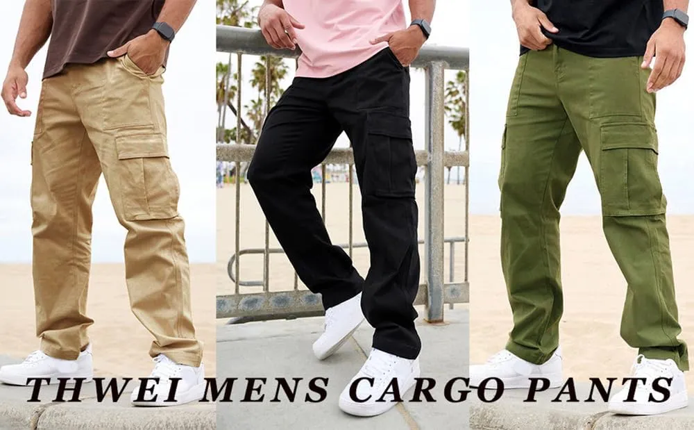 THWEI Cargo Pants for Men Casual Cotton Lightweight Relaxed Fit Stretch Elastic Waist Work Pants