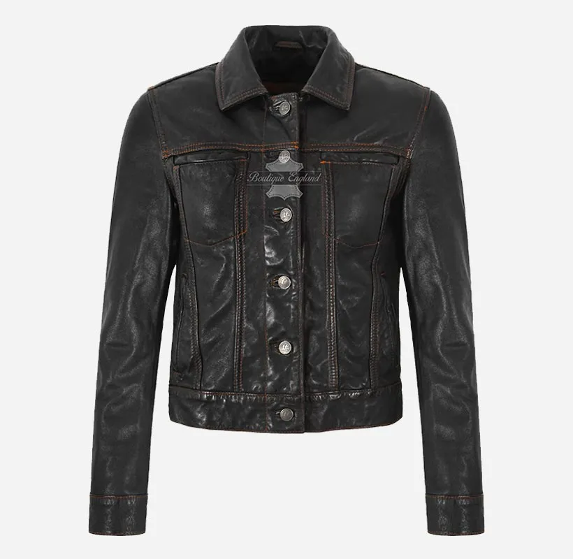 TRUCKER Leather Denim Jacket For Women Washed Leather Shirt Jacket