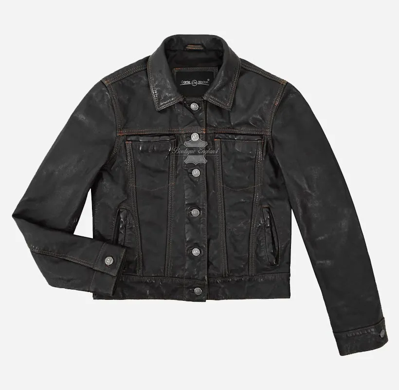 TRUCKER Leather Denim Jacket For Women Washed Leather Shirt Jacket