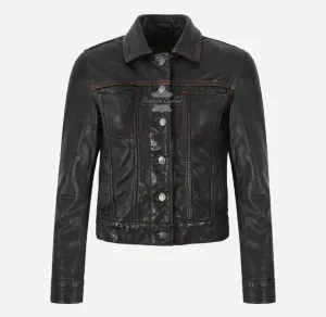 TRUCKER Leather Denim Jacket For Women Washed Leather Shirt Jacket