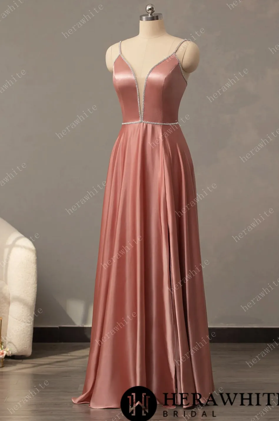 V-Neck A-Line Prom Dresses Long with Slit