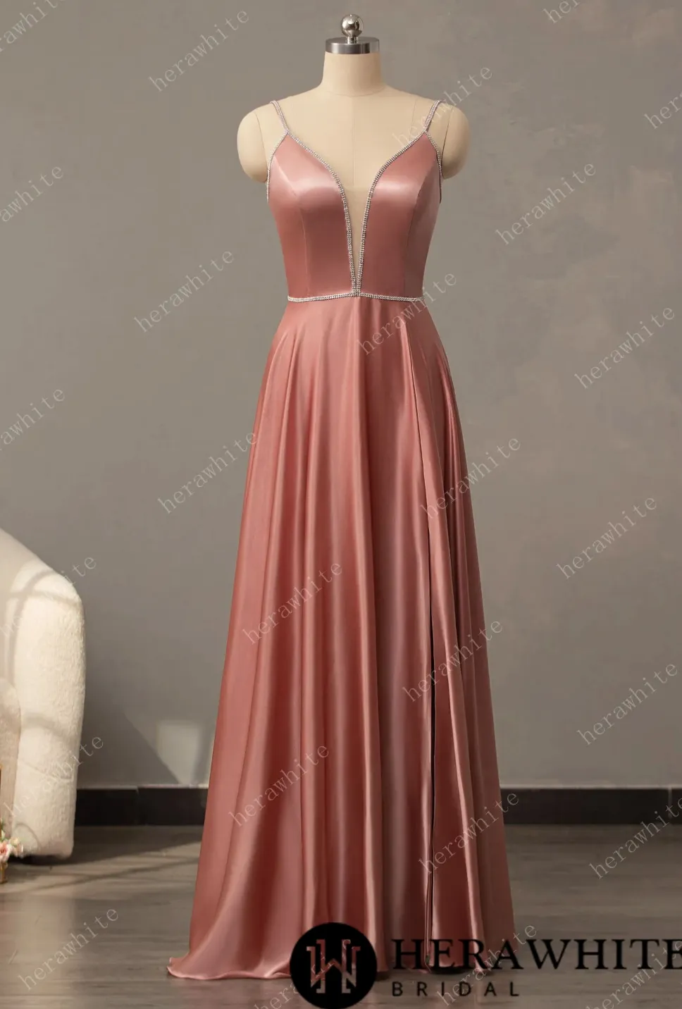 V-Neck A-Line Prom Dresses Long with Slit