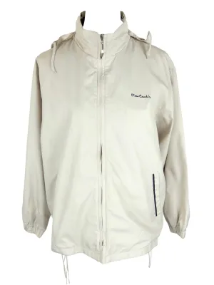 Vintage 2000s Y2K Pierre Cardin Designer Branded Athletic Sports Utility Cream Solid Basic Hooded Lightweight Zip Up Windbreaker Shell Jacket