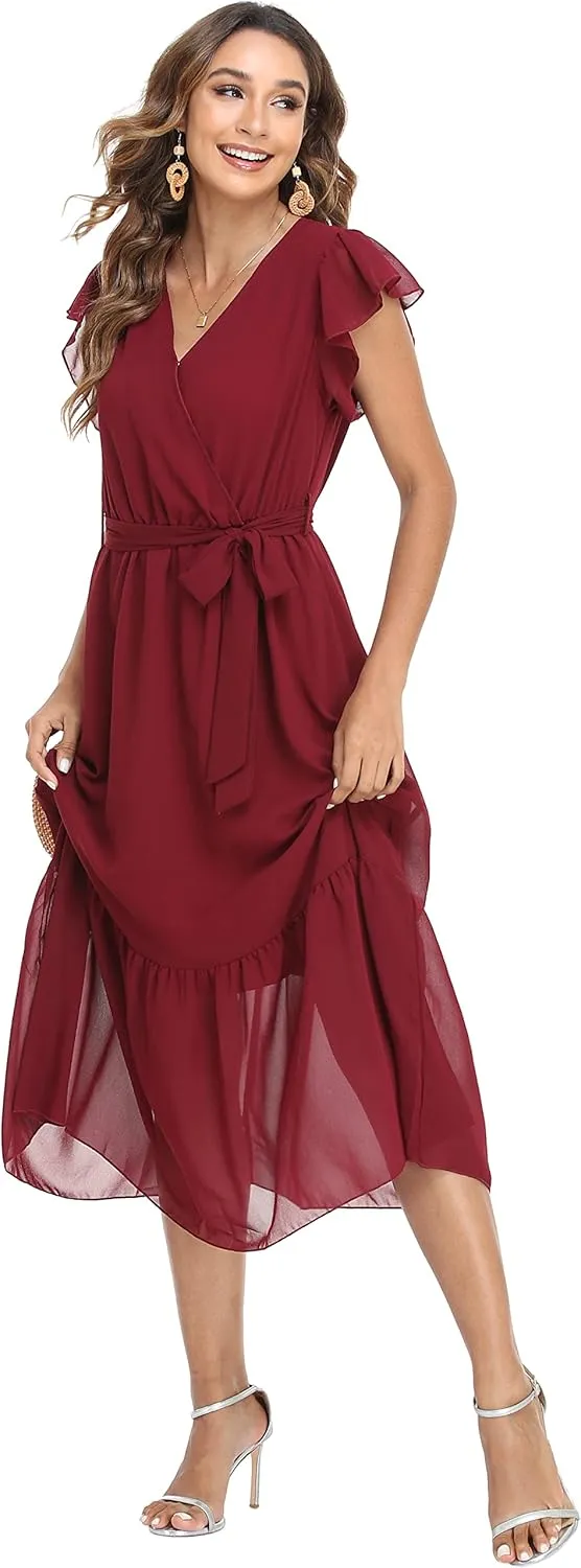 VintageClothing Womens Sundress Casual Floral Summer Boho Dress Flowy Wrap V Neck Ruffle A-Line Pleated Hem Midi Dresses