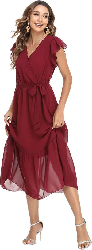 VintageClothing Womens Sundress Casual Floral Summer Boho Dress Flowy Wrap V Neck Ruffle A-Line Pleated Hem Midi Dresses