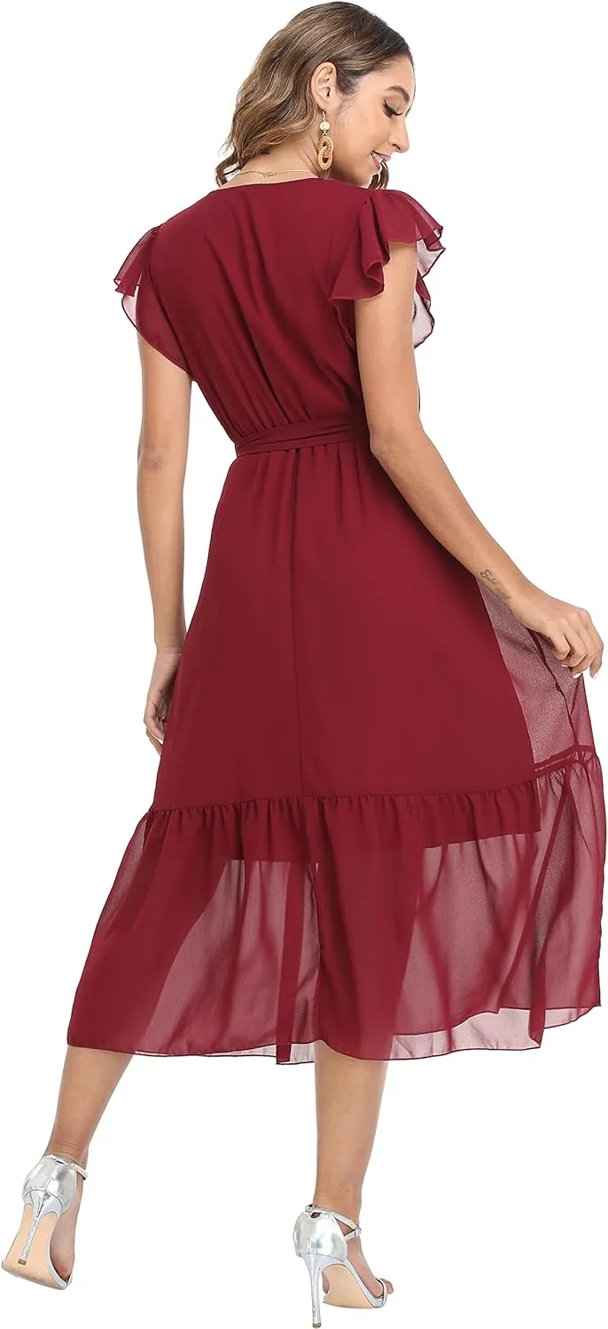 VintageClothing Womens Sundress Casual Floral Summer Boho Dress Flowy Wrap V Neck Ruffle A-Line Pleated Hem Midi Dresses