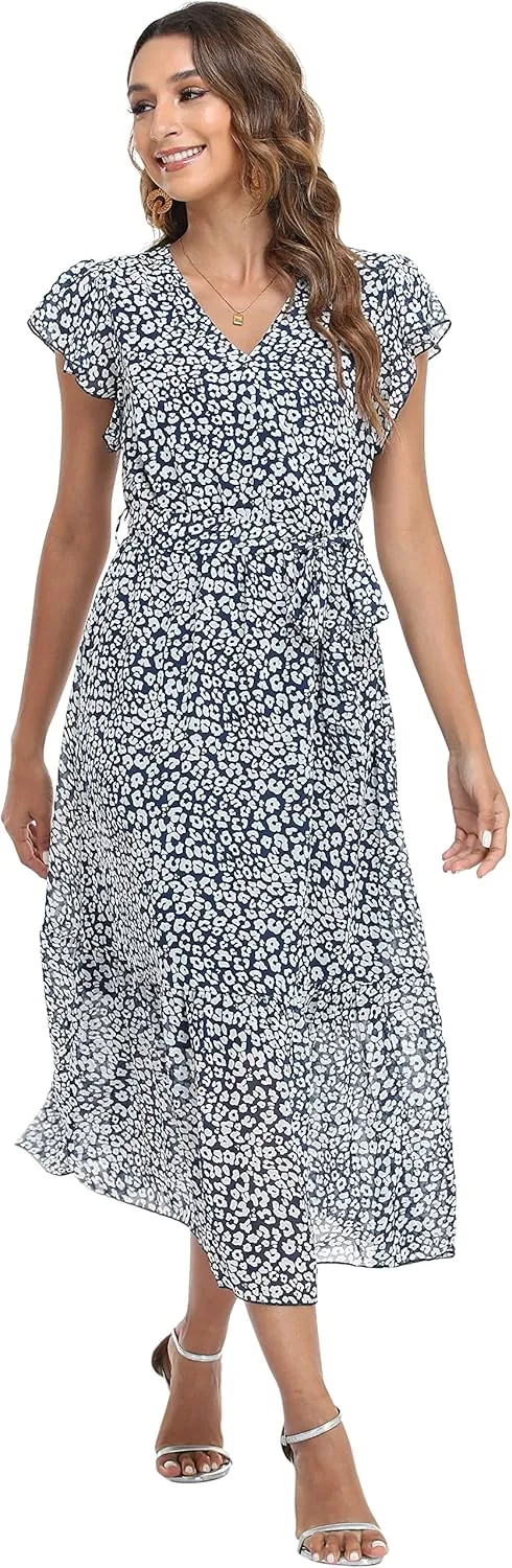 VintageClothing Womens Sundress Casual Floral Summer Boho Dress Flowy Wrap V Neck Ruffle A-Line Pleated Hem Midi Dresses