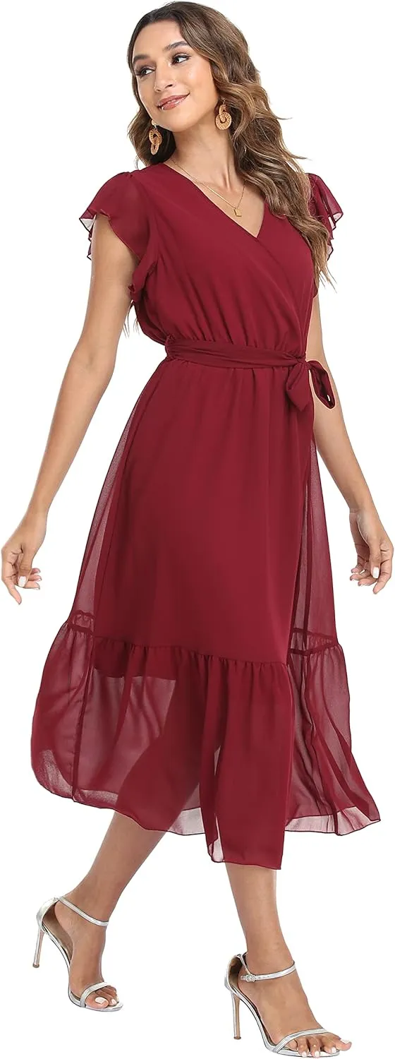 VintageClothing Womens Sundress Casual Floral Summer Boho Dress Flowy Wrap V Neck Ruffle A-Line Pleated Hem Midi Dresses
