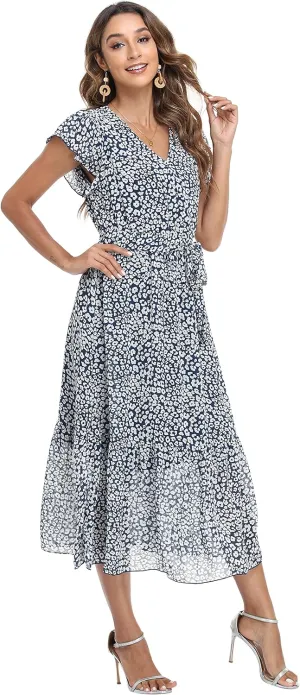 VintageClothing Womens Sundress Casual Floral Summer Boho Dress Flowy Wrap V Neck Ruffle A-Line Pleated Hem Midi Dresses