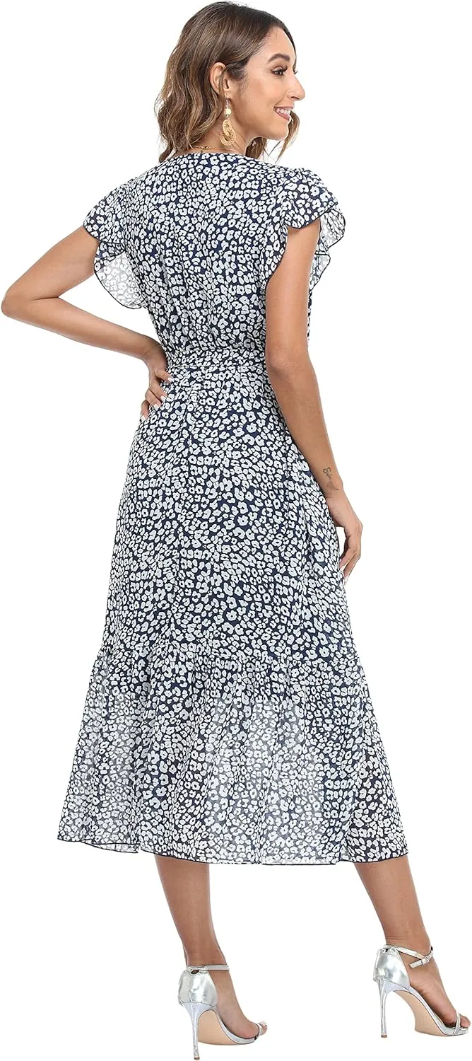 VintageClothing Womens Sundress Casual Floral Summer Boho Dress Flowy Wrap V Neck Ruffle A-Line Pleated Hem Midi Dresses