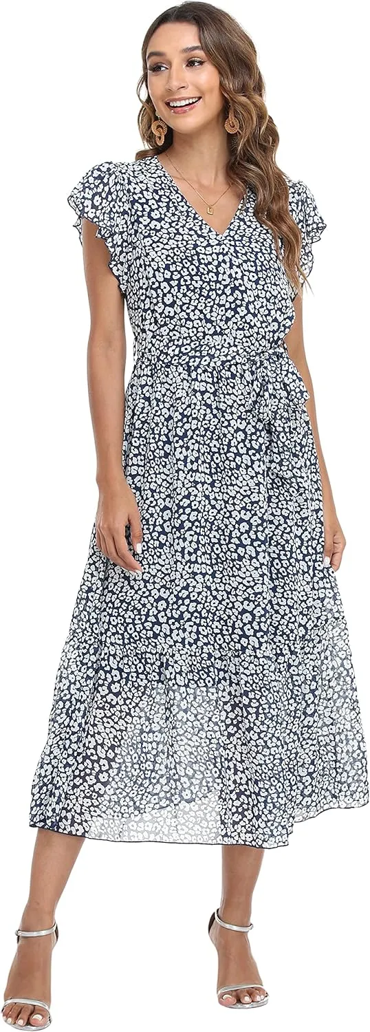 VintageClothing Womens Sundress Casual Floral Summer Boho Dress Flowy Wrap V Neck Ruffle A-Line Pleated Hem Midi Dresses