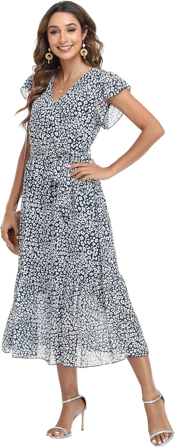 VintageClothing Womens Sundress Casual Floral Summer Boho Dress Flowy Wrap V Neck Ruffle A-Line Pleated Hem Midi Dresses